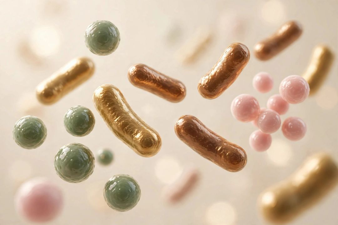 3D render of colorful gut bacteria floating in warm light