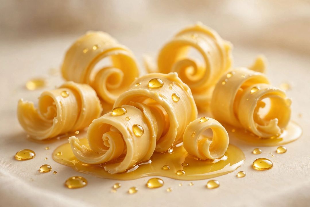 3D render of golden butter curls with droplets of golden oil